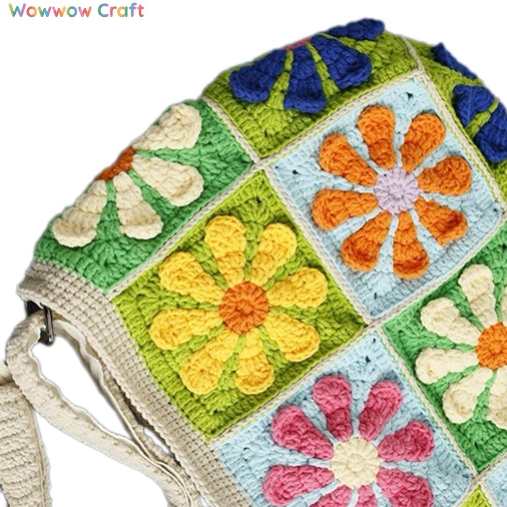 Shoulder Bags,Totes,Handmade Crochet Bags,Colorful Flowers Embroidery Granny Square Tote crocheted with Snow Fairy Yarn - High quality handmade crocheted shoulder bag